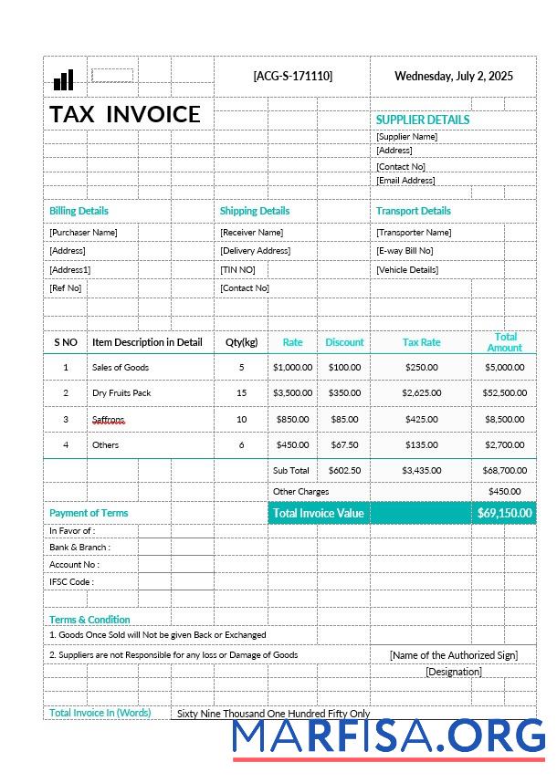 Blank Printable Tax Invoice Template